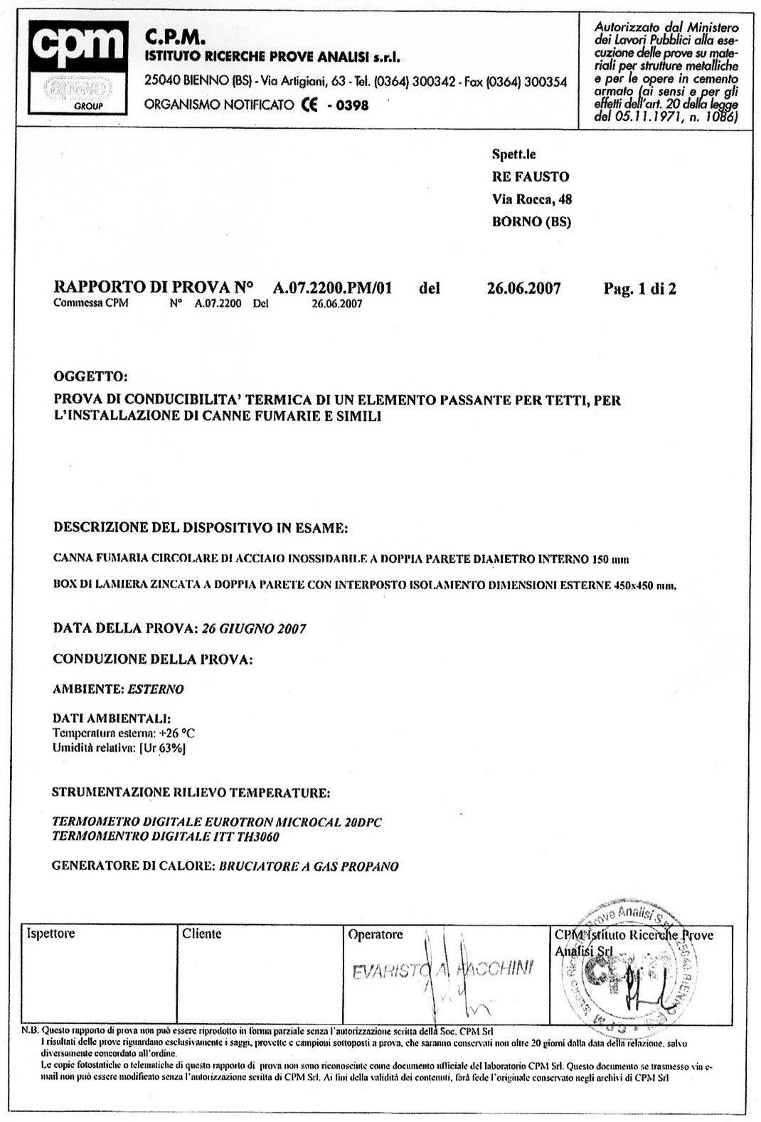 Rapporto di certificazione del passante per tetti